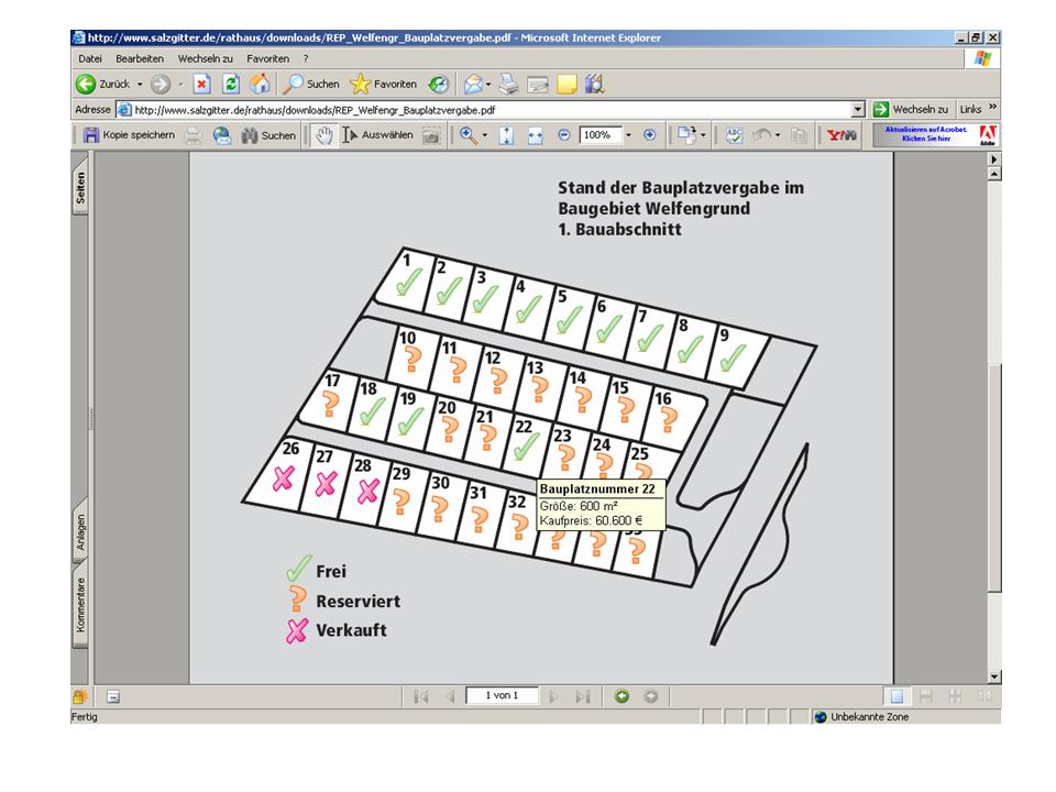 Screenshot aus dem Internet, Informationen zur Bauplatzvergabe im Internet